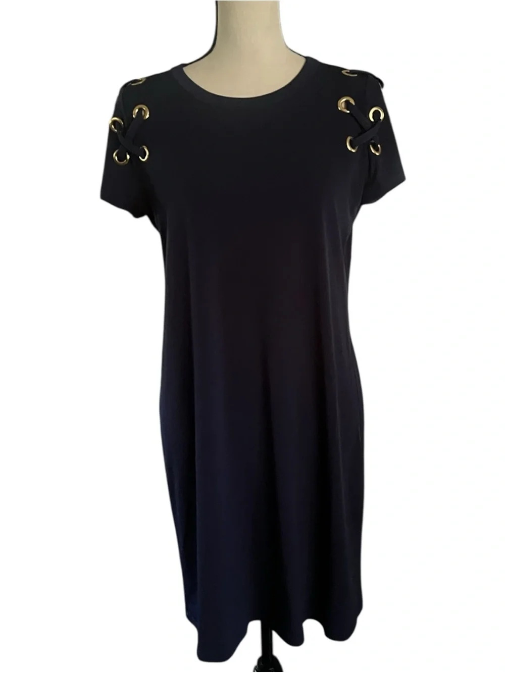 Michael  Kors Preppy Navy Grommet lace up shoulders shift dress. SZ.M